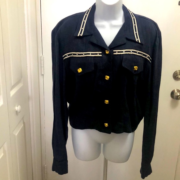 CACHÉ 💯% LINEN NAVY BLUE JACKET • GOLD BUTTONS • RHINESTONE TRIM • Sz L - Picture 15 of 15